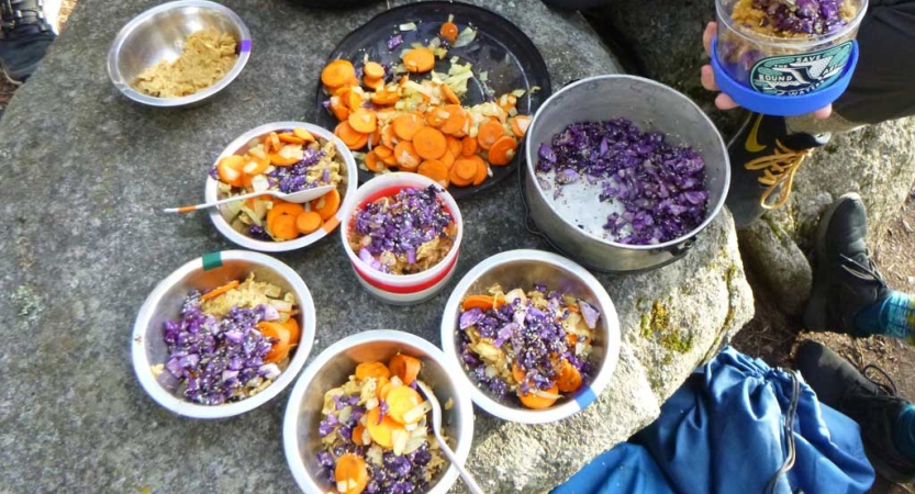 bowls of colorful food sit on a rock